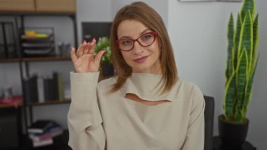 Ofis ortamında gözlük ve bej bluz takan güzel beyaz bir kadın, sofistike ve profesyonel bir tavır içinde oturmuş, etrafı kitaplarla ve bitkilerle çevrili..