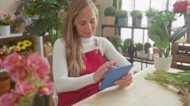 Önlüklü sarışın kadın çiçekçide tablet kullanıyor.