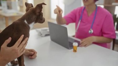 Bayan bir veteriner, klinikte bir köpeği muayene ediyor. Masasında dizüstü bilgisayar ve reçeteli bir şişeyle bir iş yeri düzeneği gösteriyor..