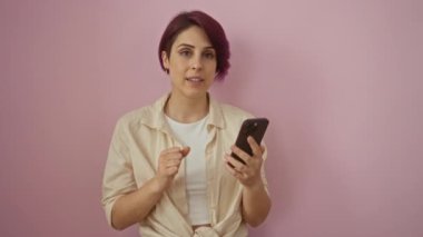 Zafer! Kafkasyalı genç bir kadın, başarısını akıllı telefonuyla kutluyor ve kollarını kaldırıyor. Gururlu ve heyecanlı bir şekilde izole edilmiş pembe arka planı var.