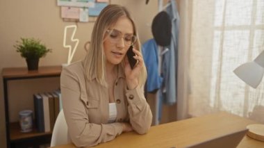 Genç sarışın bir kadın, dizüstü bilgisayarı ve arka planında bir kitaplık ve bitki olan rahat bir ofis ortamında telefonla konuşuyor..