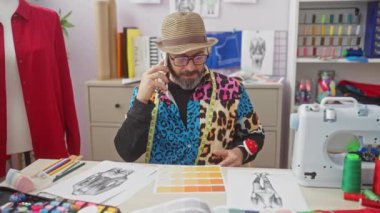 Canlı desenli yelek giymiş sakallı bir adam renkli bir terzi stüdyosunda telefonda tasarımları tartışıyor..