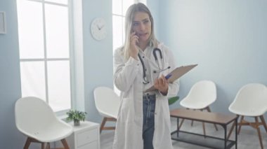 Sarı saçlı genç bir bayan doktor, elinde parlak bir klinik bekleme odasında elinde bir dosya tutarken telefonla konuşuyor..