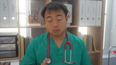 Kırmızı steteskoplu, yeşil önlüklü Çinli erkek doktor, iyi organize edilmiş bir klinikte oturuyor, arka planda tıbbi dosyaları tutan bir kitap rafı var..