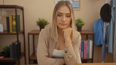 Bej ceketli genç sarışın kadın, arka planda kitaplıklar ve bitkiler olan rahat bir ev ofisinin masasında oturuyor..