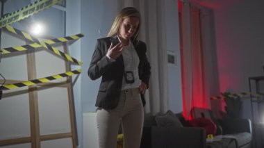 Genç bir kadın dedektif bir suç mahallini inceliyor, dikkat bandı, kan, kanıt ve kapalı alanda bir rozet ile..