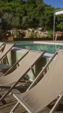 Açık havuz manzarası. Boş şezlonglar, yemyeşil bir havuz ve cezbedici bir avlu alanı ile çevrili..