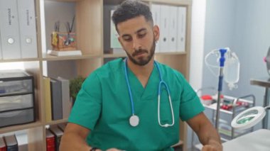 Steteskoplu, yeşil önlüklü genç İspanyol erkek doktor klinikteki bir ilaç şişesini işaret ediyor..