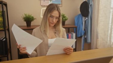 Genç ve çekici sarışın bir kadın ofis masasında kitap rafları ve arka planda bitkiler olan rahat bir oturma odasında doküman okuyor..