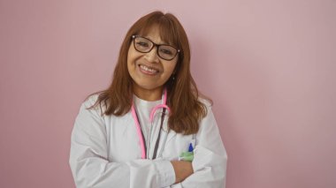 Kollarını kavuşturmuş, güvenle gülümseyen, pembe steteskoplu beyaz bir ceket giymiş, pembe arka planda duran olgun bir İspanyol kadın doktor..