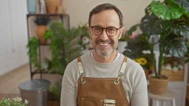 Çiçekçide sakallı, gülümseyen olgun bir adam yeşil bitkilerle çevrili..