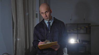 Sakallı, dalgın, kel bir adam içeride, muhtemelen bir suç mahallinde, elinde bir pano, not alıyor..