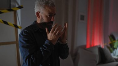 Şüpheli bir ifadeyle elleri kelepçeli bir adam, loş ışıklı bir suç mahallinde.