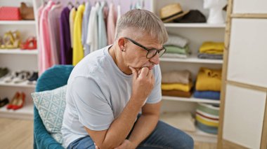 Orta yaşlı bir adam, renkli kıyafetler ve ayakkabılarla çevrili modern bir gardıropta dalgın dalgın oturuyor..