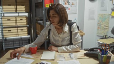 Odaklanmış İspanyol kadın dedektif karışık ofis masasındaki kanıtları inceliyor. Dava dosyaları ve şehir haritasıyla çevrili..