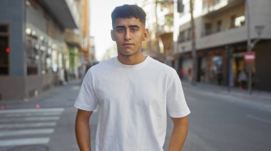 Yakışıklı genç bir adam gün boyu kenar mahalle ortamında güven içinde duruyor..