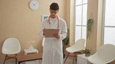 Klinik bekleme odasında beyaz önlük ve steteskop giymiş profesyonel ve odaklanmış bir ifadeyle duran genç bir İspanyol doktor..