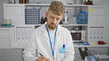 Laboratuvar önlüğü giymiş, sakallı ve mavi gözlü beyaz bir adam laboratuvar ortamında mikroskopla çalışıyor ve notlar yazıyor..