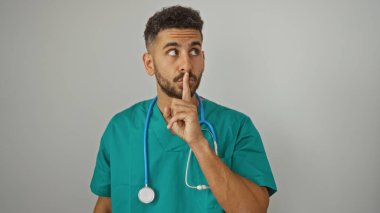 Steteskoplu genç İspanyol erkek hemşire izole beyaz arka planda sessizlik için işaret veriyor..