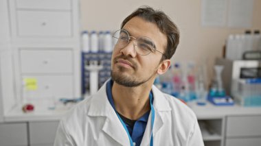 Laboratuvarda sakallı, gözlüklü ve laboratuvar önlüklü, kapalı alanda bilimsel araştırmalar yapan düşünceli İspanyol bir adam..