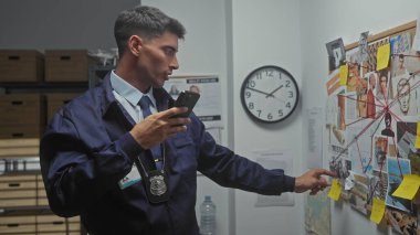 Polis departmanında akıllı telefon kullanan İspanyol bir adam soruşturma kurulunu işaret ediyor..