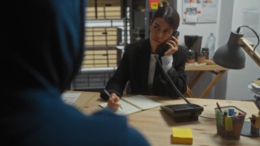 Kadın bir müfettiş, ön planda bir erkek şüpheliyle birlikte, kapalı bir ofiste notlar alan bir çağrıyı dikkatle dinliyor..