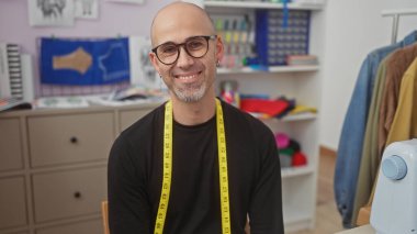 Siyah gömlek ve mezura giyen, sakallı ve gözlüklü, gülümseyen kel bir adam kumaş ve dikiş malzemeleriyle dolu bir terzide duruyor..