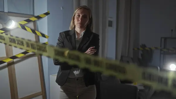 stock image Caucasian woman stands arms crossed behind crime scene tape in dimly lit indoor setting, looking serious and professional.