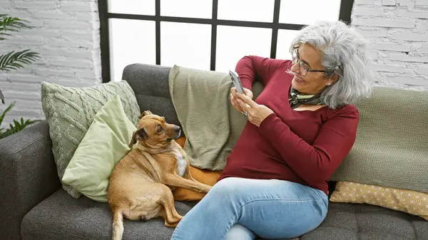 stock image A grey-haired woman in a cozy indoor setting takes a photo of her attentive dog sitting on a sofa next to her.