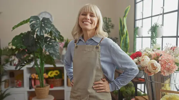 stock image Smiling blonde woman in apron standing amidst flowers in an indoor florist shop
