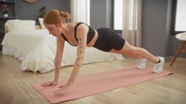 Aktivite kıyafetli genç bir kadın modern bir yatak odasında ahşap döşemeli ve nötr tonlu bir yoga minderinde kalas yapıyor..