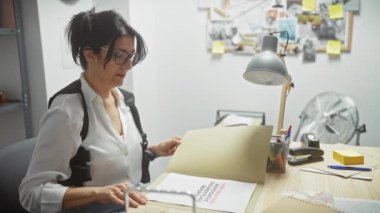 Odaklanmış orta yaşlı bir kadın kanıt panolarıyla çevrili dedektiflik bürosunda belgeleri inceliyor..
