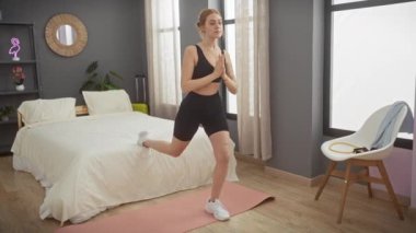 Siyah aktif giysili genç bir kadın modern bir yatak odasının iç kısmında pembe yoga minderinde dans ediyor..