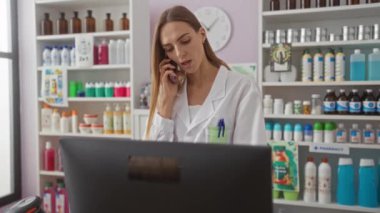 Eczanede çalışan, laboratuvar önlüğü giyen ve bir tezgahın arkasında raflarda çeşitli eczane eşyaları sergilenirken telefonla konuşan güzel, sarışın bir kadın..
