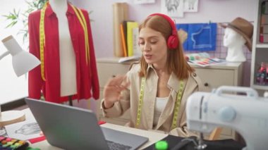 Dikiş makinesi ve mankenleri olan canlı bir atölyede dizüstü bilgisayar kullanan, kulaklıklı bir kadın terzi..
