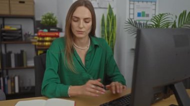 Yeşil tişörtlü güzel bir kadın, ofiste çalışıyor ve bilgisayarlı bir masaya notlar yazıyor. Etrafı kapalı bitkiler ve kitaplarla çevrili..