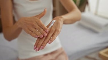 Bir kadın, sağlık spa odasında ellerine nemlendirici losyon sürer. Cilt bakımını, rahatlamasını ve kişisel bakımını vurgular..