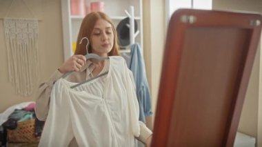 Genç bir kadın kıyafetlerini iyi organize edilmiş bir soyunma odasında inceliyor, moda ve seçim duygusunu yansıtıyor..