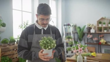 Yakışıklı, genç, İspanyol bir adam canlı bir çiçekçide saksı kokusu alıyor..