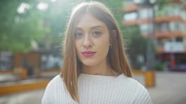 Uzun saçlı, beyaz bir süveter giyen, şehir parkında duran gülümseyen genç bir kadının portresi..