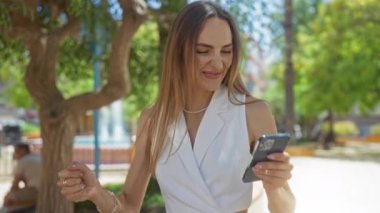 Neşeli, güzel, sarışın, beyaz elbiseli genç bir kadın güneşli bir günde şehir parkında akıllı telefon tutarak başarıyı kutluyor..