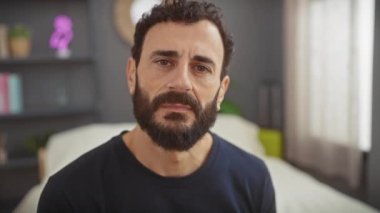 Mobilyalı, modern yatak odasında gülümseyen sakallı bir adam.