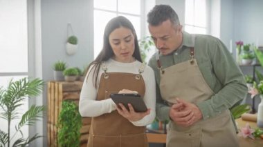 Önlüklü bir kadın ve erkek, arka planda bitkiler olan bir çiçekçide tablet inceliyor..