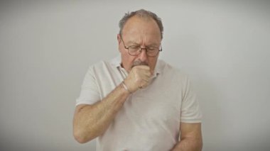 Sağlıksız orta yaşlı gözlüklü bir adam, fırtına öksürüyor, soğuk algınlığı ya da bronşit belirtileri gösteriyor. İzole bir şekilde ayakta duruyor, doğru bir durum hissediyor. Beyaz arka planda sağlık hizmeti uyarısı.