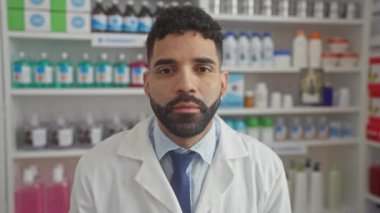 Beyaz önlüklü, içi dolu bir eczanede poz veren gülümseyen genç bir İspanyol eczacı.