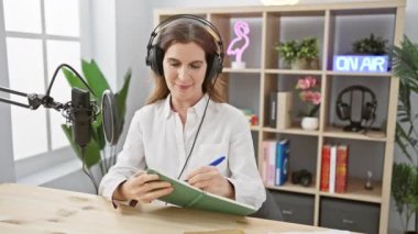 Beyaz gömlekli bir kadın stüdyoda kulaklıkla oturuyor, mikrofona konuşuyor ve arka planda 