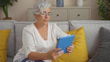 Gri saçlı, gözlüklü olgun bir kadın oturma odasındaki bir koltukta oturur. Etrafı sarı yastıklı ve ev bitkileriyle çevrili mavi bir tablet kullanmaya odaklanır..