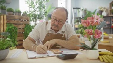 Orta yaşlı bir adam Meksika pezosu olan bir çiçekçinin mali durumunu hesaplıyor..