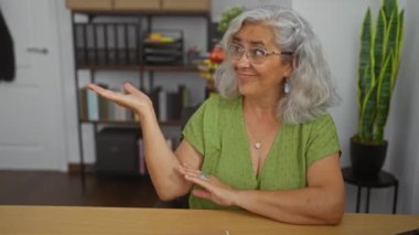 Çalışan, orta yaşlı, gri saçlı, gülümseyen ve hayrete düşmüş bir kadın.