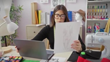 İspanyol kadın terzi dükkanında dikiş makinesi, kumaş ve mankenle moda eskizini inceliyor..